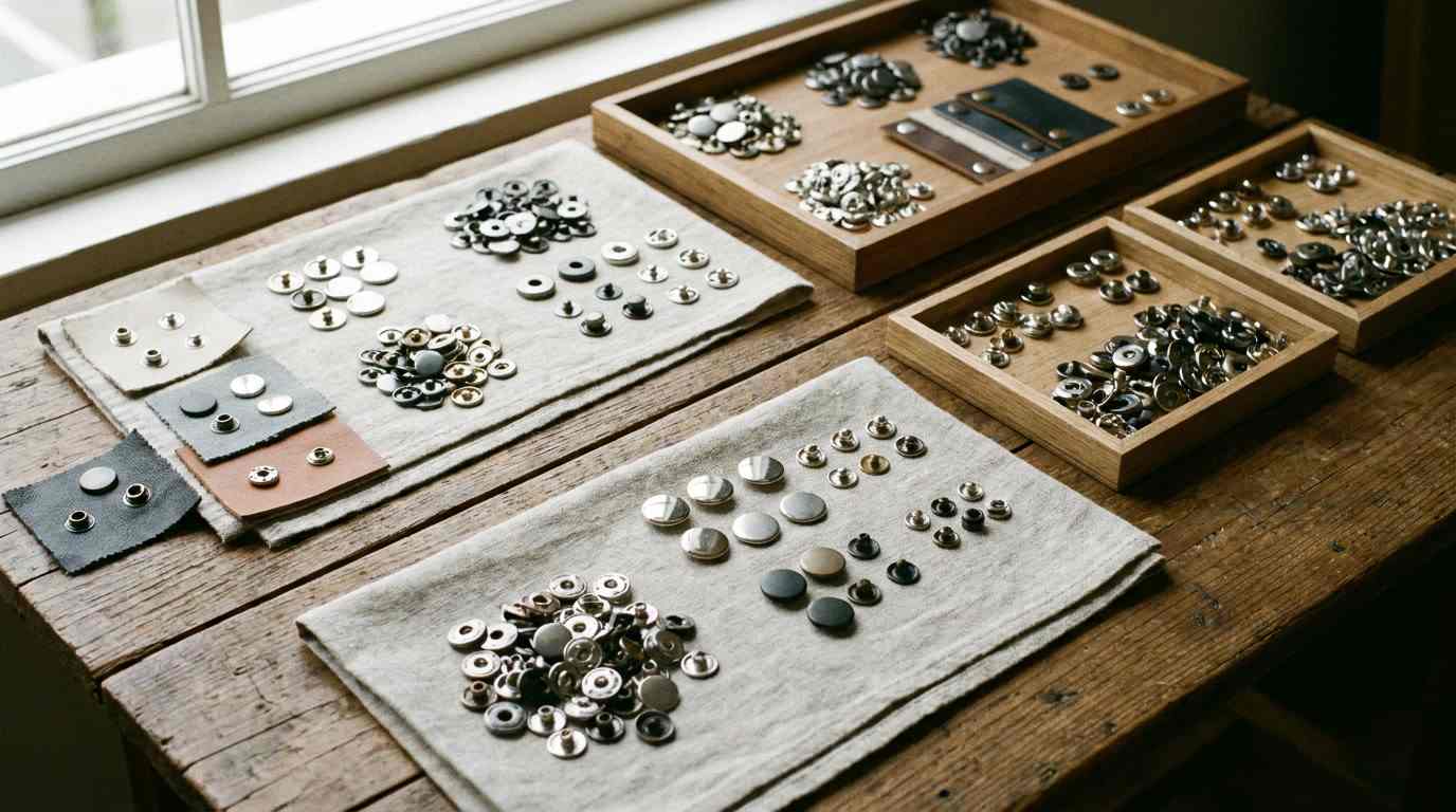 dome fasteners for clothing, Dome fasteners for clothing in several sizes and metal finishes are arranged on sample boards across a wooden worktable.